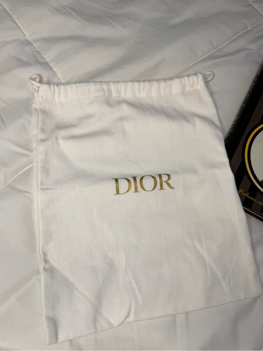Dior Beauty White Cotton Drawstring Pouch with Black Logo Tag